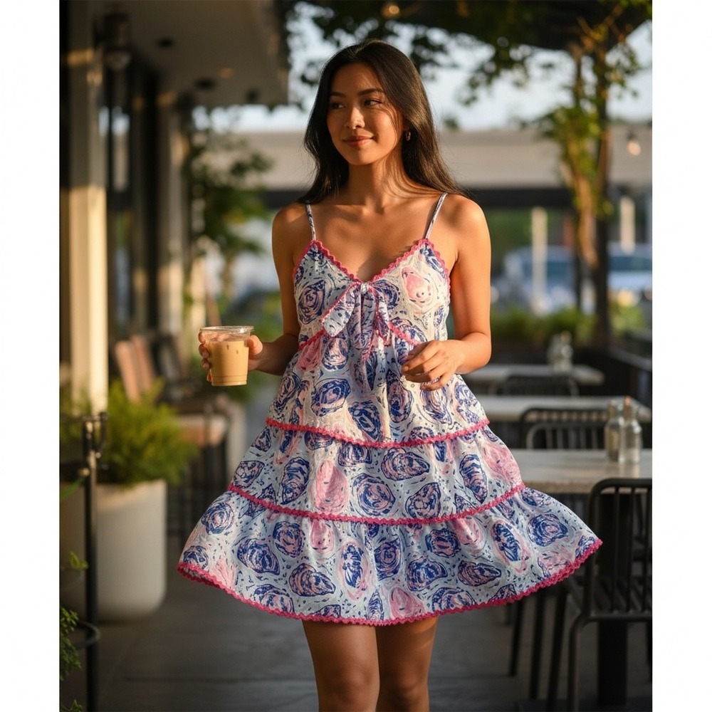 Simply Southern Oyster Tiered Mini Dress Blue Pink Ric-Rac Trim Large NEW
